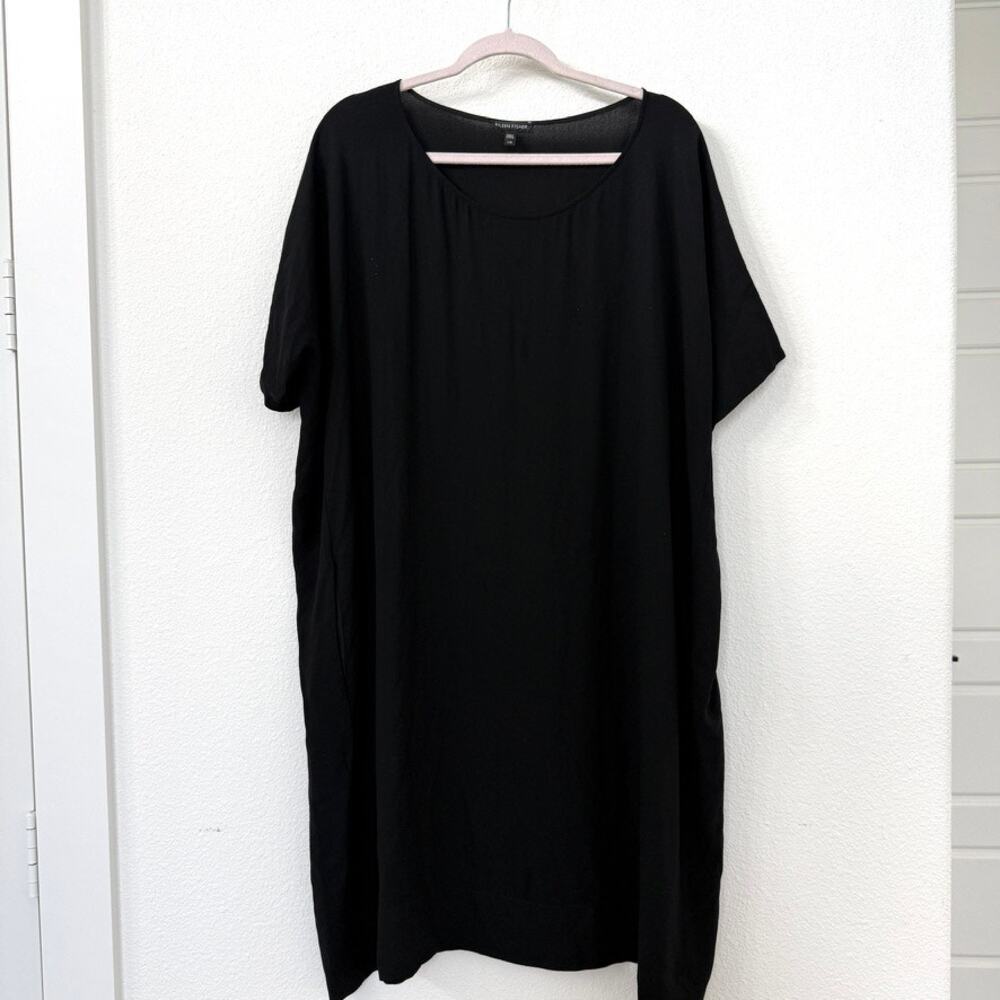 EILEEN FISHER Silk Midi Dress Black Short Sleeve Oversized Relaxed Fit Size L